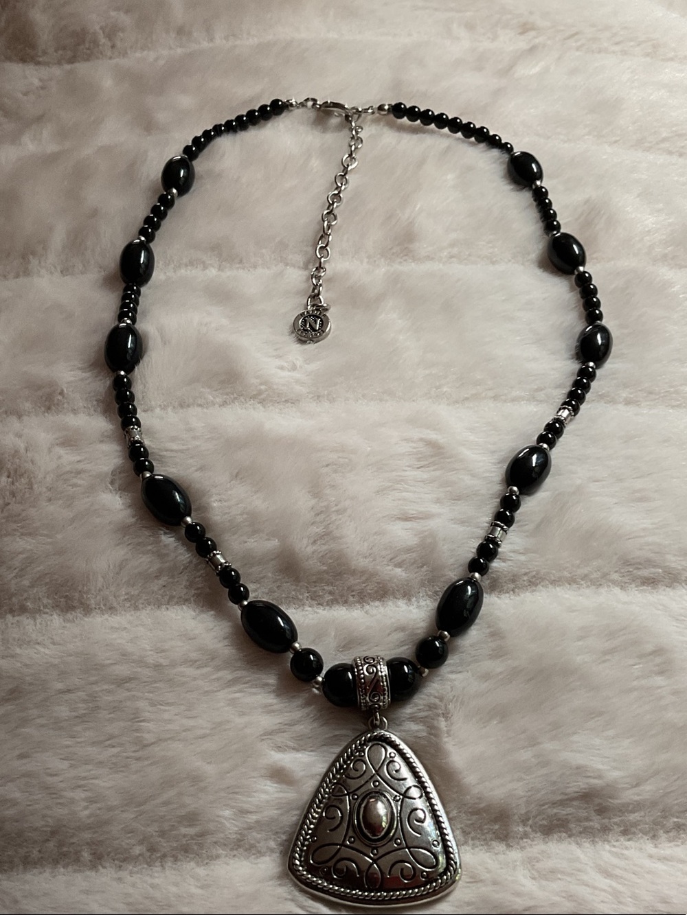 Napier Black Beaded Necklace with Ornate Silver-Tone Pendant